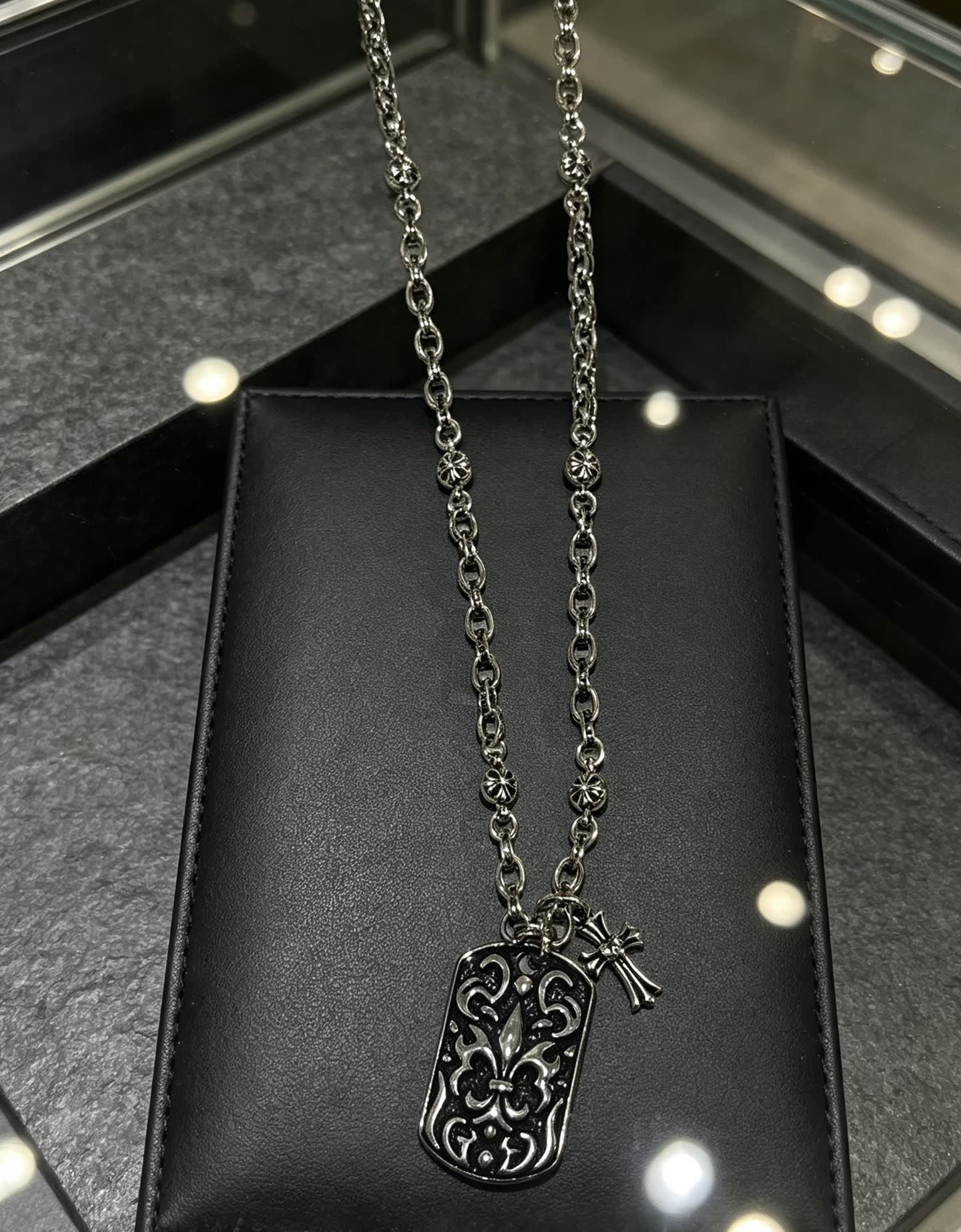 Chrome Hearts Silver Fleur-de-lis Dog Tag Necklace
